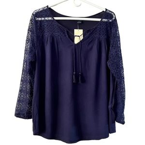 NWT Lucky Brand Navy Blue Floral Lace
Tassel Peasant Blouse Boho Size Large